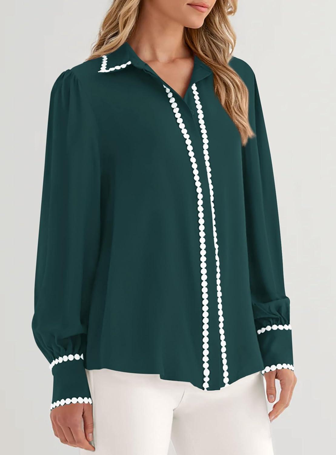imagePRETTYGARDEN Womens Long Sleeve Button Down Shirts 2025 Trendy V Neck Loose Fit Fall Tops Collared Dressy Casual BlousesDark Green
