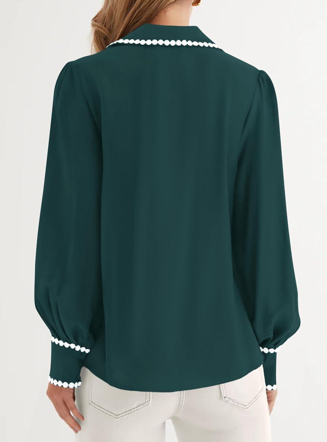 imagePRETTYGARDEN Womens Long Sleeve Button Down Shirts 2025 Trendy V Neck Loose Fit Fall Tops Collared Dressy Casual BlousesDark Green