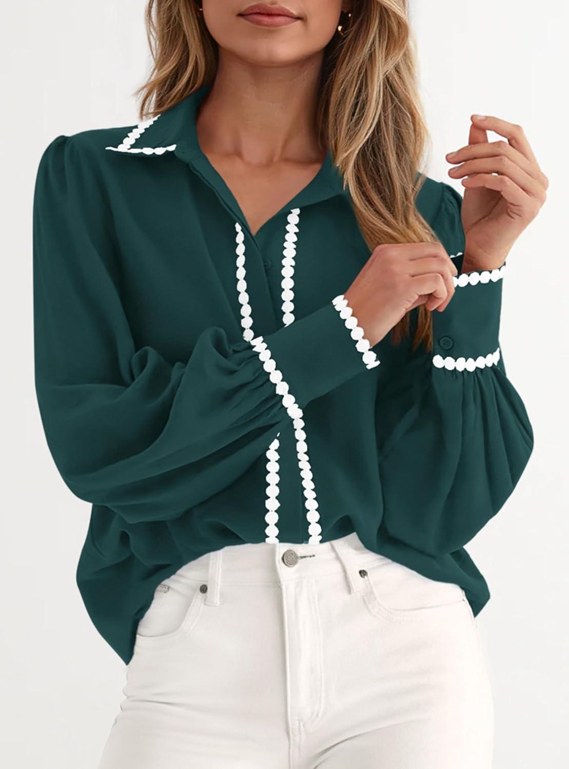 imagePRETTYGARDEN Womens Long Sleeve Button Down Shirts 2025 Trendy V Neck Loose Fit Fall Tops Collared Dressy Casual BlousesDark Green