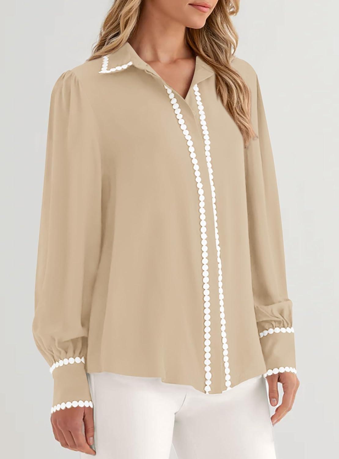 imagePRETTYGARDEN Womens Long Sleeve Button Down Shirts 2025 Trendy V Neck Loose Fit Fall Tops Collared Dressy Casual BlousesKhaki