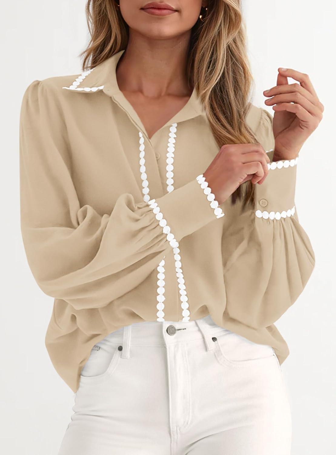 imagePRETTYGARDEN Womens Long Sleeve Button Down Shirts 2025 Trendy V Neck Loose Fit Fall Tops Collared Dressy Casual BlousesKhaki