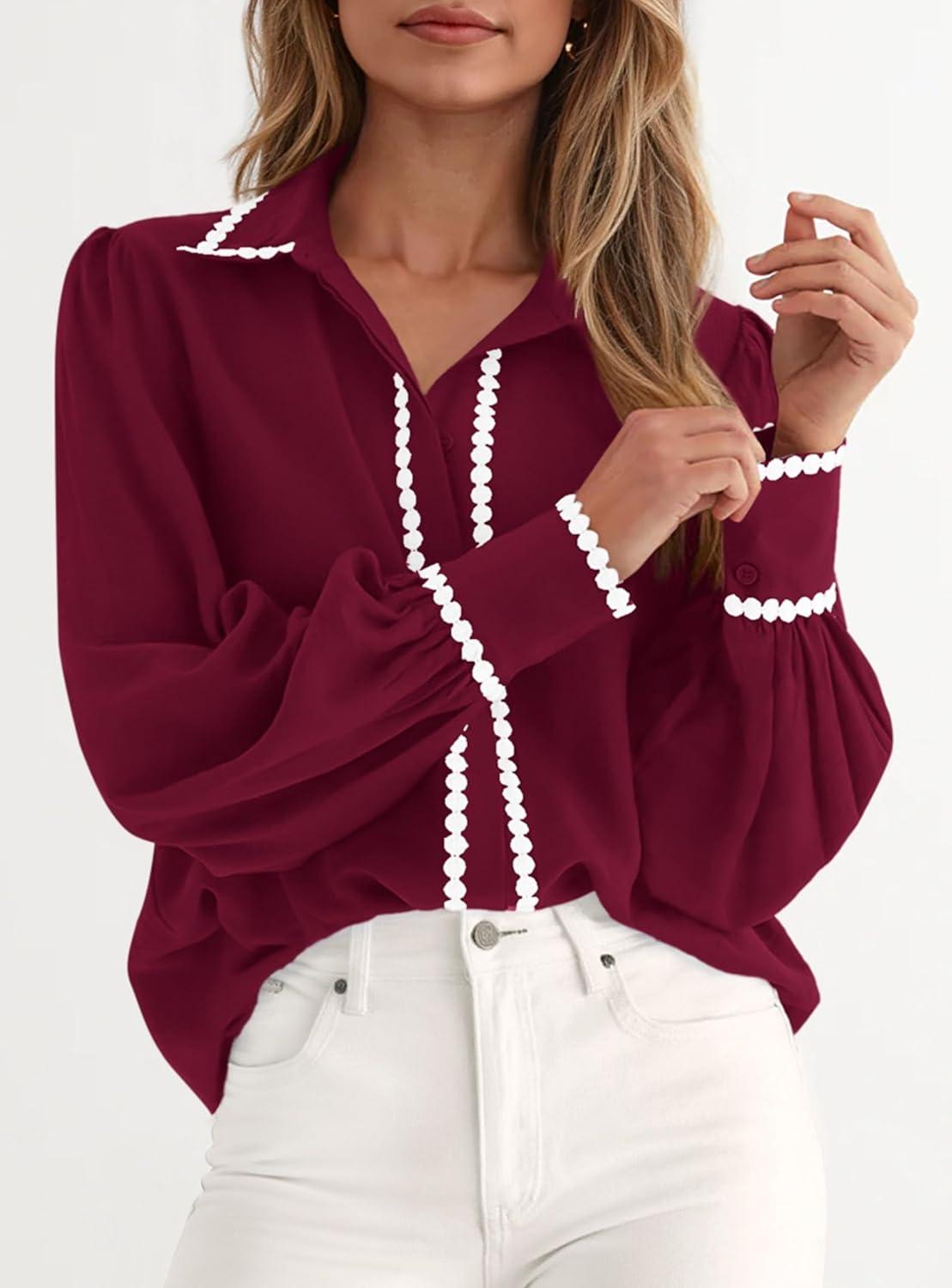 imagePRETTYGARDEN Womens Long Sleeve Button Down Shirts 2025 Trendy V Neck Loose Fit Fall Tops Collared Dressy Casual BlousesWine Red