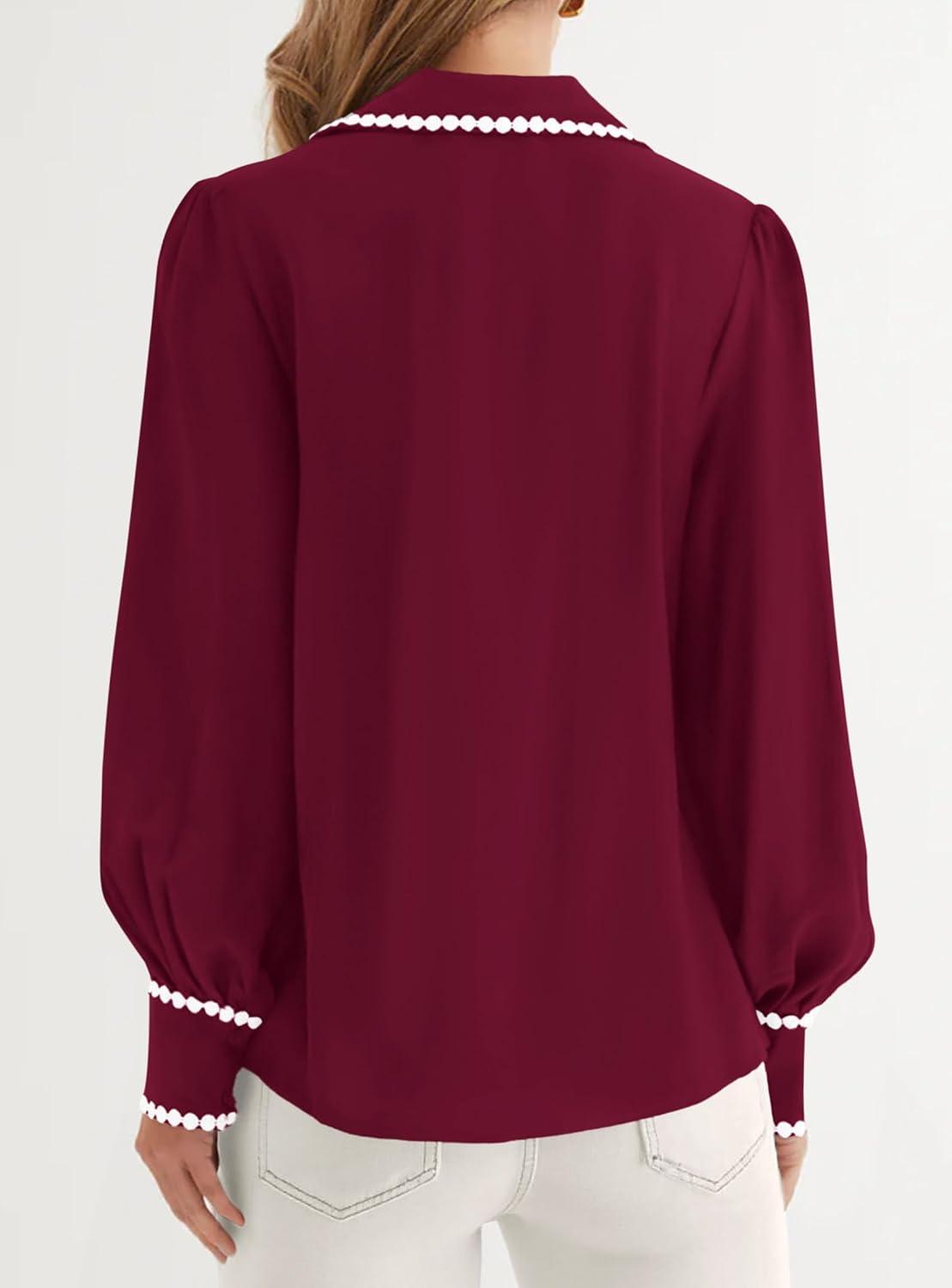imagePRETTYGARDEN Womens Long Sleeve Button Down Shirts 2025 Trendy V Neck Loose Fit Fall Tops Collared Dressy Casual BlousesWine Red