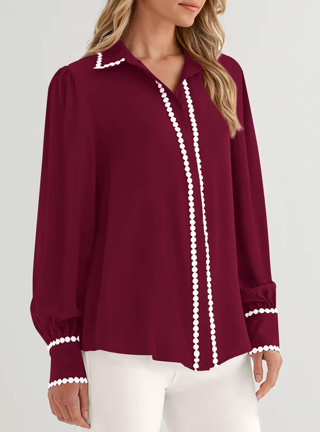 imagePRETTYGARDEN Womens Long Sleeve Button Down Shirts 2025 Trendy V Neck Loose Fit Fall Tops Collared Dressy Casual BlousesWine Red