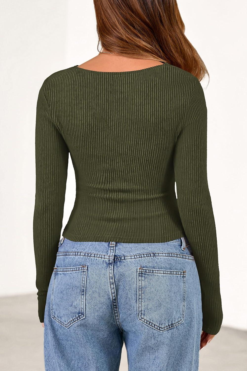 imagePRETTYGARDEN Womens Long Sleeve Cowl Neck Ribbed Knit Fall Shirts Slim Fit Ruched Going Out Crop Tops Basic TShirtsArmy Green