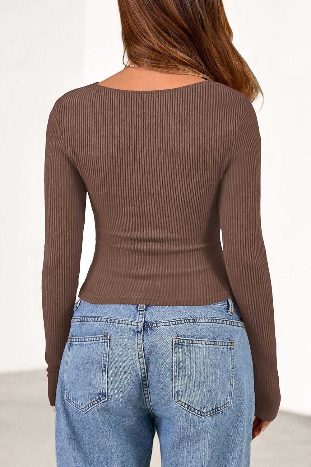 imagePRETTYGARDEN Womens Long Sleeve Cowl Neck Ribbed Knit Fall Shirts Slim Fit Ruched Going Out Crop Tops Basic TShirtsBrown