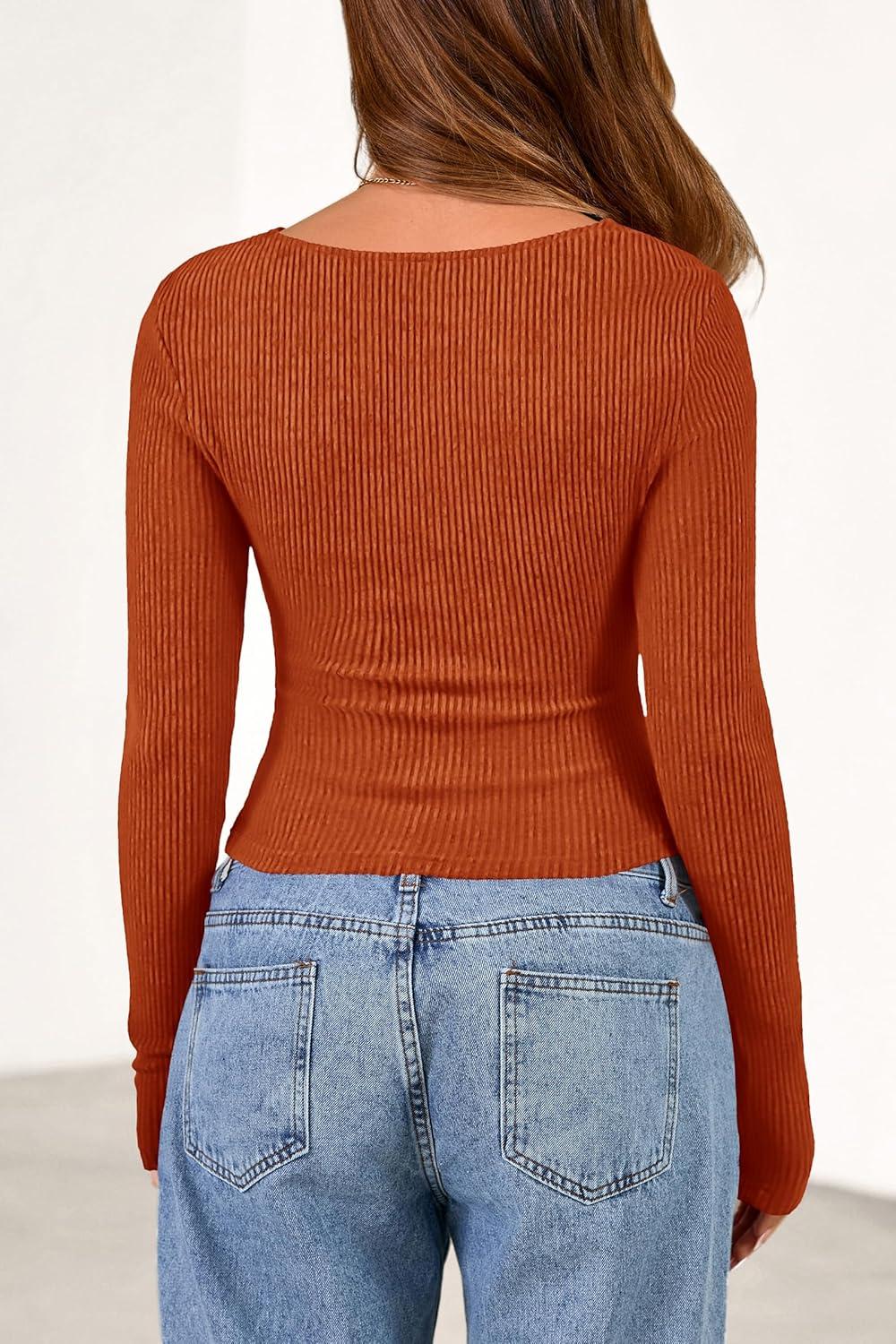 imagePRETTYGARDEN Womens Long Sleeve Cowl Neck Ribbed Knit Fall Shirts Slim Fit Ruched Going Out Crop Tops Basic TShirtsBurnt Orange