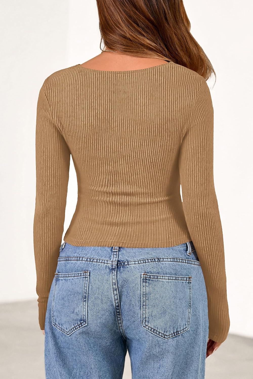 imagePRETTYGARDEN Womens Long Sleeve Cowl Neck Ribbed Knit Fall Shirts Slim Fit Ruched Going Out Crop Tops Basic TShirtsDark Khaki