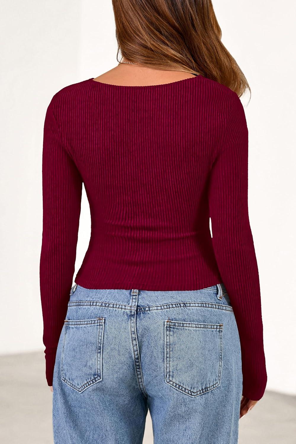 imagePRETTYGARDEN Womens Long Sleeve Cowl Neck Ribbed Knit Fall Shirts Slim Fit Ruched Going Out Crop Tops Basic TShirtsDark Red