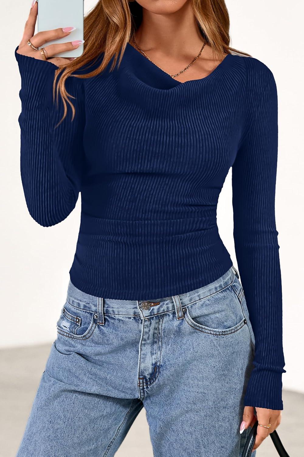imagePRETTYGARDEN Womens Long Sleeve Cowl Neck Ribbed Knit Fall Shirts Slim Fit Ruched Going Out Crop Tops Basic TShirtsNavy Blue