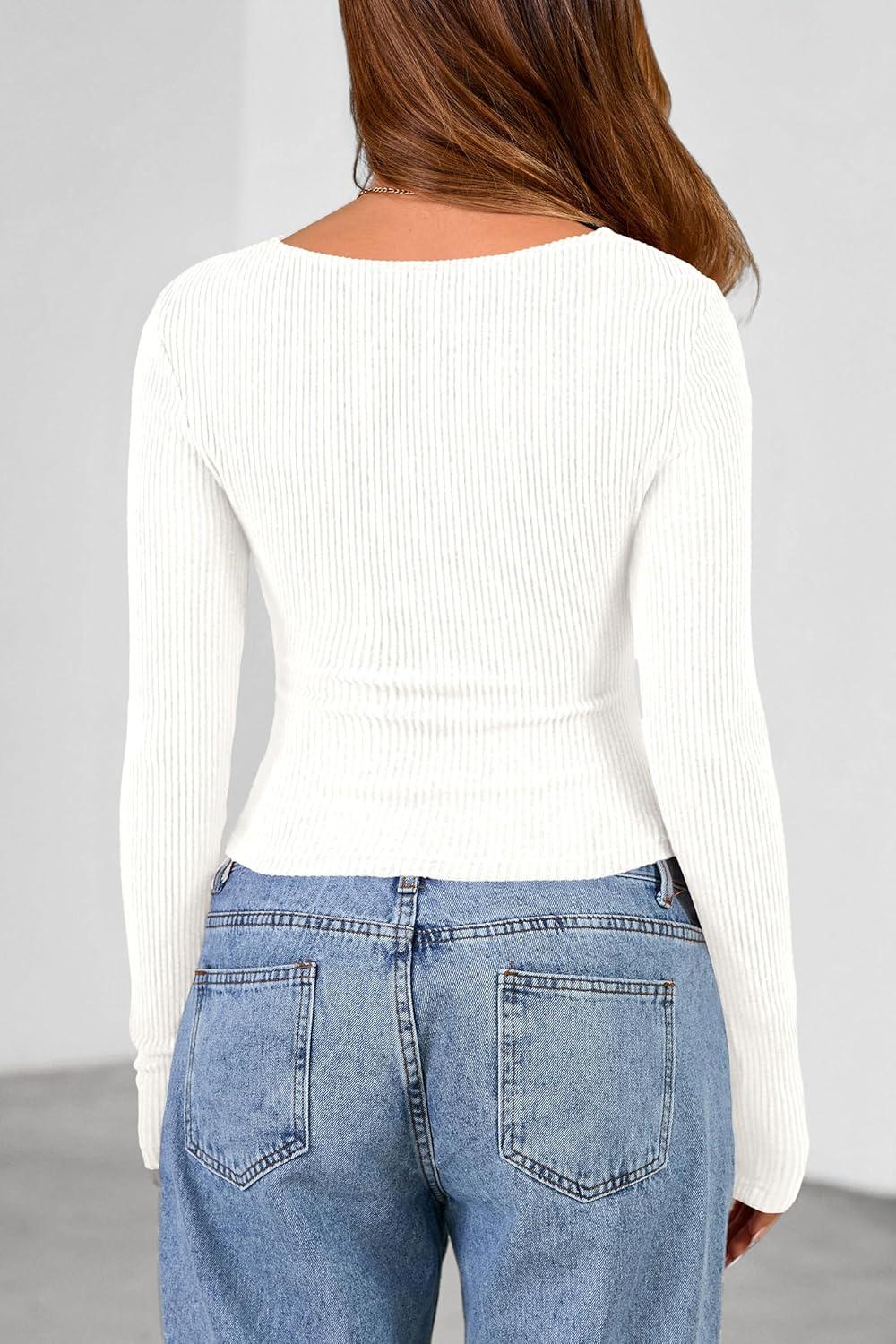 imagePRETTYGARDEN Womens Long Sleeve Cowl Neck Ribbed Knit Fall Shirts Slim Fit Ruched Going Out Crop Tops Basic TShirtsWhite
