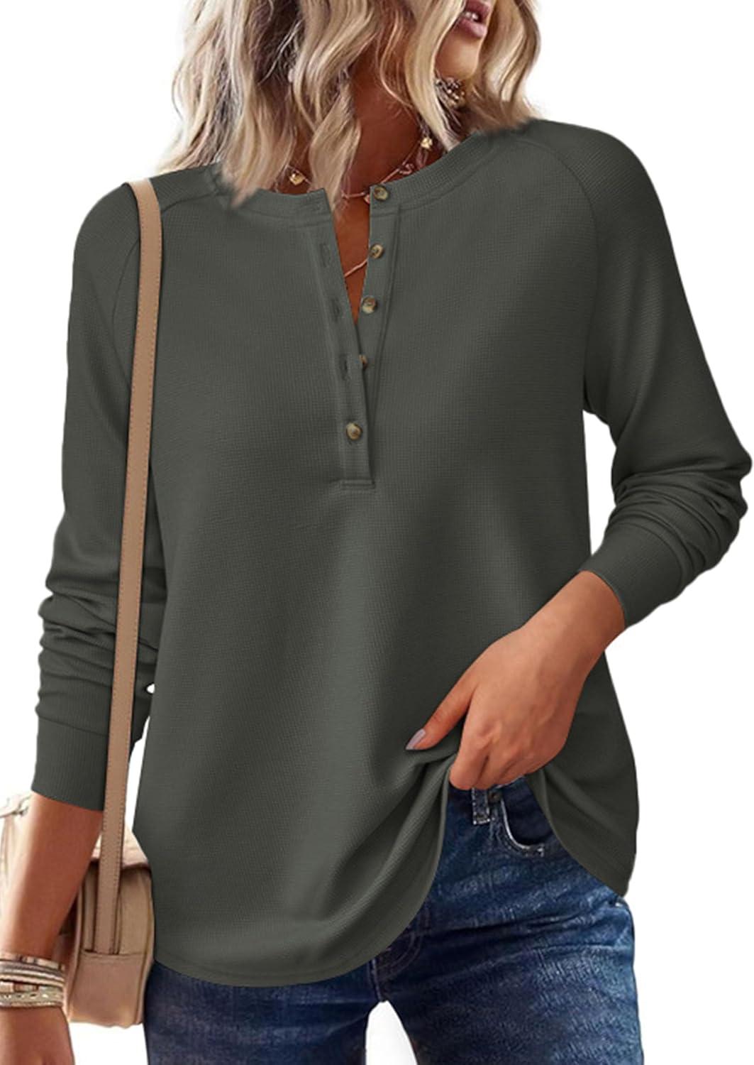 imagePRETTYGARDEN Womens Long Sleeve Waffle Knit Shirts 2025 Fall Casual Button Up Henley V Neck Tunic Tops Loose Fit Basic TeesArmy Green