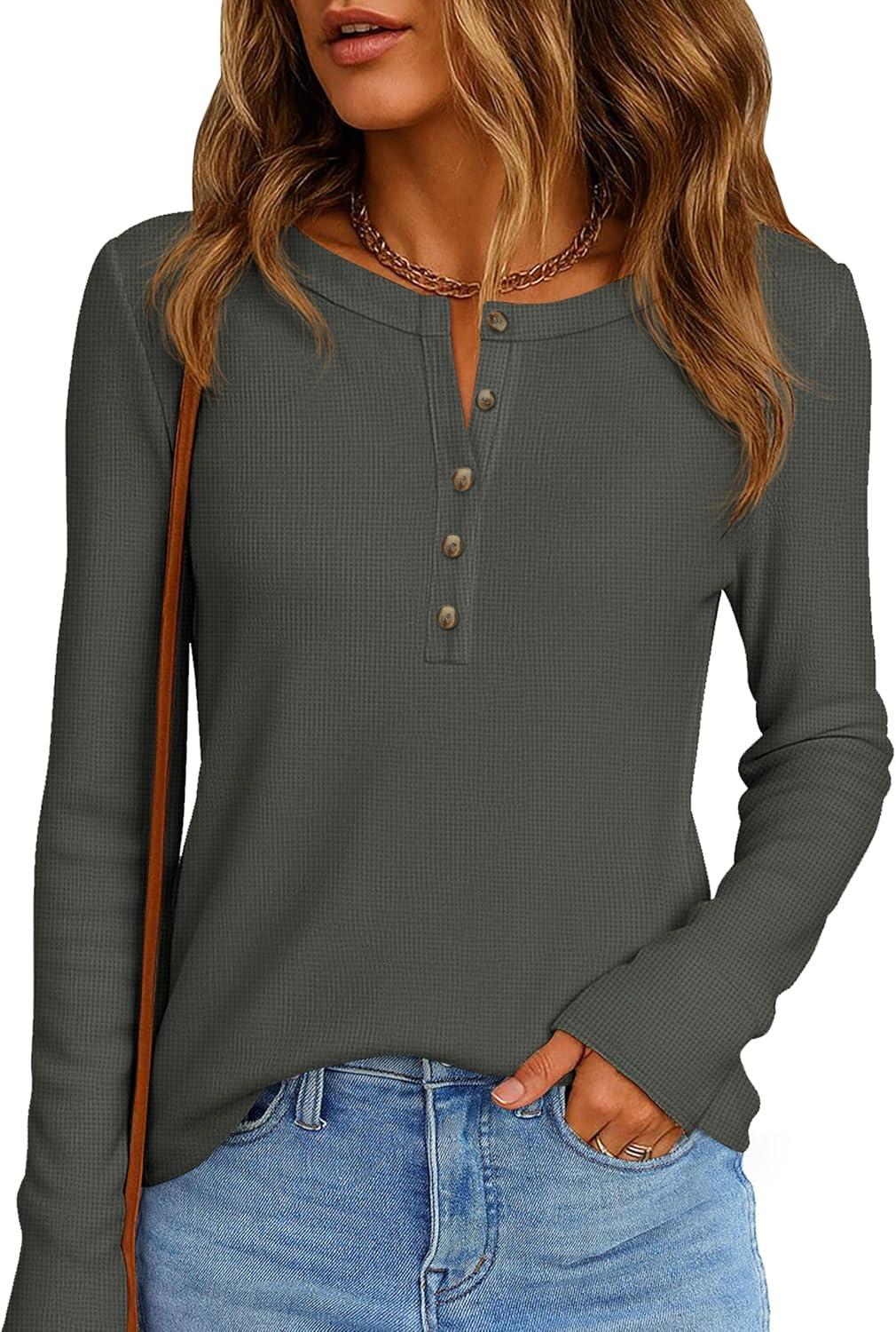imagePRETTYGARDEN Womens Long Sleeve Waffle Knit Shirts 2025 Fall Casual Button Up Henley V Neck Tunic Tops Loose Fit Basic TeesArmy Green