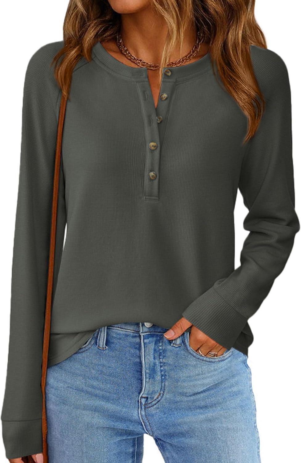 imagePRETTYGARDEN Womens Long Sleeve Waffle Knit Shirts 2025 Fall Casual Button Up Henley V Neck Tunic Tops Loose Fit Basic TeesArmy Green