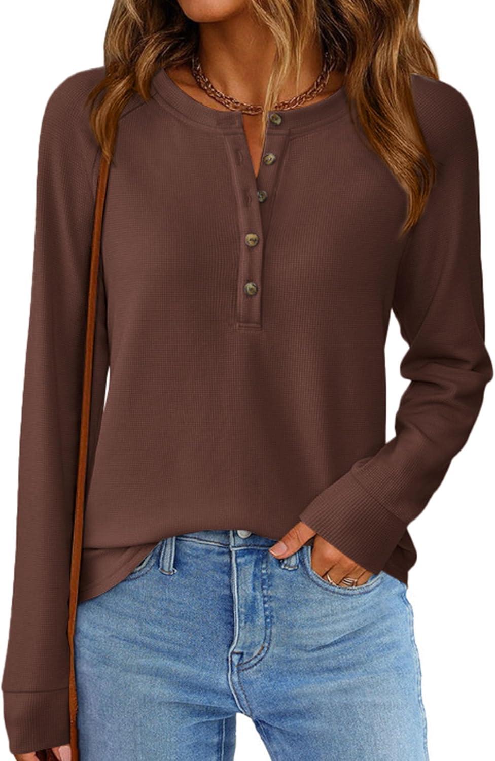imagePRETTYGARDEN Womens Long Sleeve Waffle Knit Shirts 2025 Fall Casual Button Up Henley V Neck Tunic Tops Loose Fit Basic TeesBrown