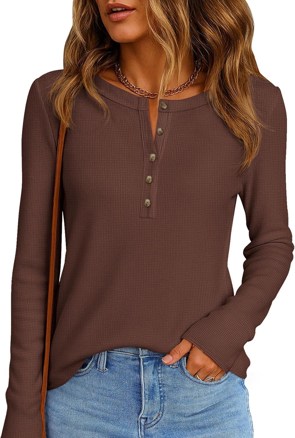 imagePRETTYGARDEN Womens Long Sleeve Waffle Knit Shirts 2025 Fall Casual Button Up Henley V Neck Tunic Tops Loose Fit Basic TeesBrown