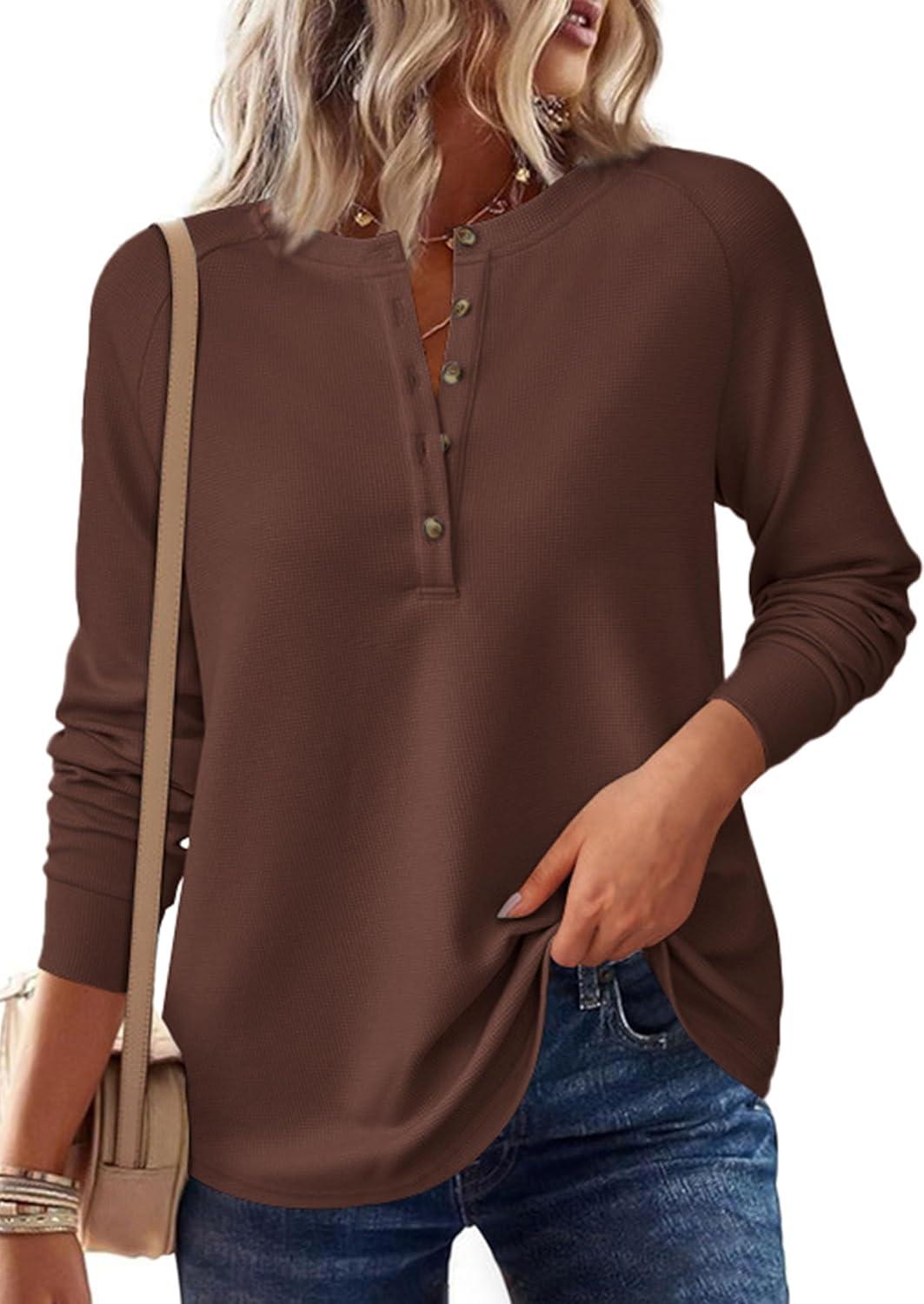 imagePRETTYGARDEN Womens Long Sleeve Waffle Knit Shirts 2025 Fall Casual Button Up Henley V Neck Tunic Tops Loose Fit Basic TeesBrown