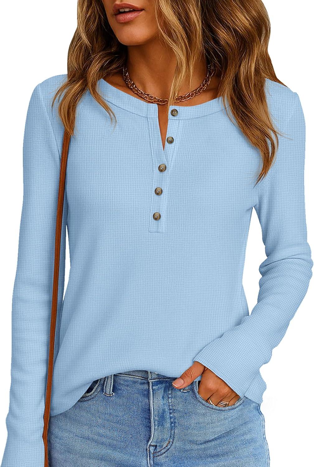 imagePRETTYGARDEN Womens Long Sleeve Waffle Knit Shirts 2025 Fall Casual Button Up Henley V Neck Tunic Tops Loose Fit Basic TeesLight Blue