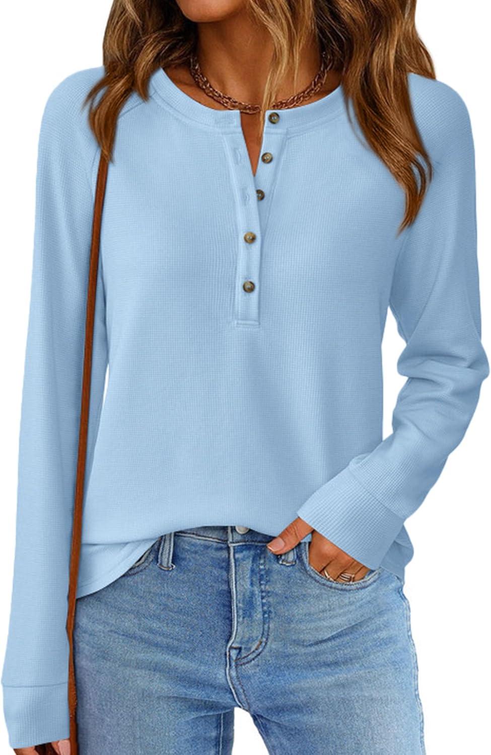 imagePRETTYGARDEN Womens Long Sleeve Waffle Knit Shirts 2025 Fall Casual Button Up Henley V Neck Tunic Tops Loose Fit Basic TeesLight Blue