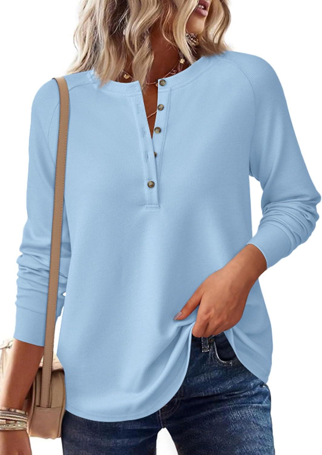 imagePRETTYGARDEN Womens Long Sleeve Waffle Knit Shirts 2025 Fall Casual Button Up Henley V Neck Tunic Tops Loose Fit Basic TeesLight Blue