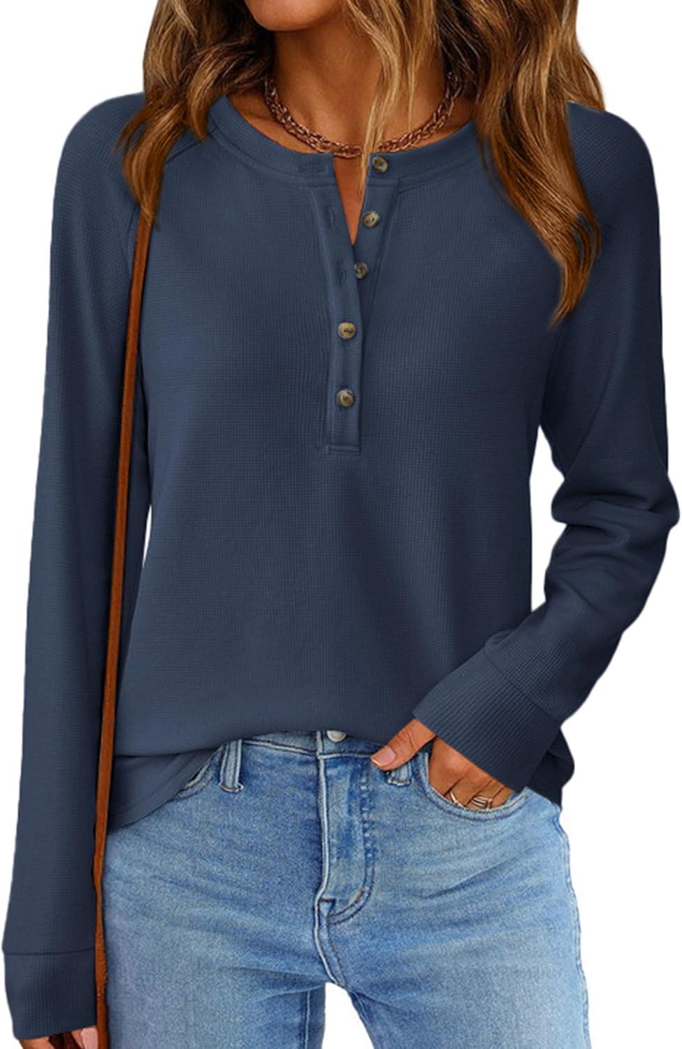imagePRETTYGARDEN Womens Long Sleeve Waffle Knit Shirts 2025 Fall Casual Button Up Henley V Neck Tunic Tops Loose Fit Basic TeesNavy Blue