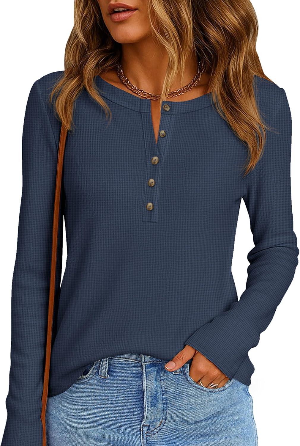 imagePRETTYGARDEN Womens Long Sleeve Waffle Knit Shirts 2025 Fall Casual Button Up Henley V Neck Tunic Tops Loose Fit Basic TeesNavy Blue