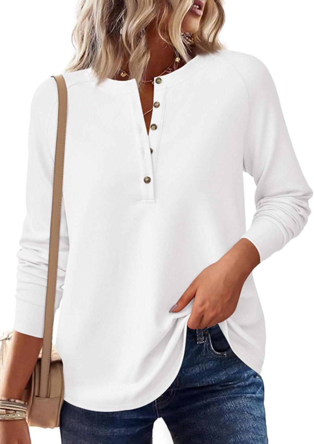 imagePRETTYGARDEN Womens Long Sleeve Waffle Knit Shirts 2025 Fall Casual Button Up Henley V Neck Tunic Tops Loose Fit Basic TeesWhite