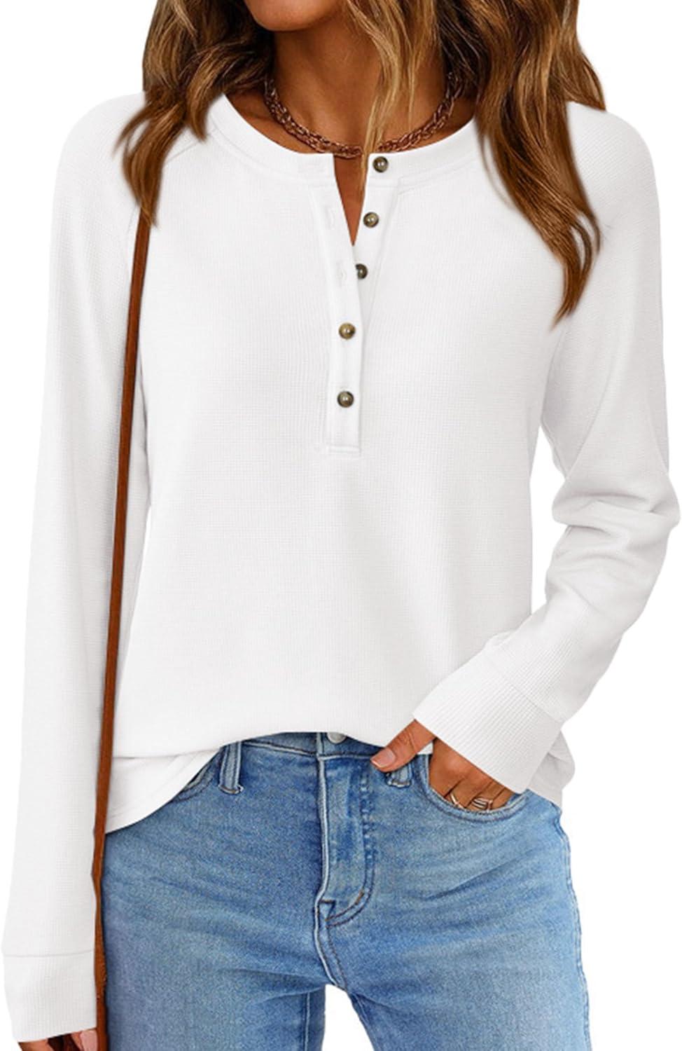 imagePRETTYGARDEN Womens Long Sleeve Waffle Knit Shirts 2025 Fall Casual Button Up Henley V Neck Tunic Tops Loose Fit Basic TeesWhite