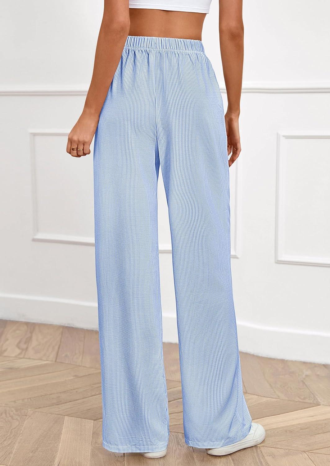 imagePRETTYGARDEN Womens Striped Pajama Pants 2025 Fall Fashion Clothing Lounge Sleep Pj Bottoms Comfy Casual Wide Leg TrousersBlue