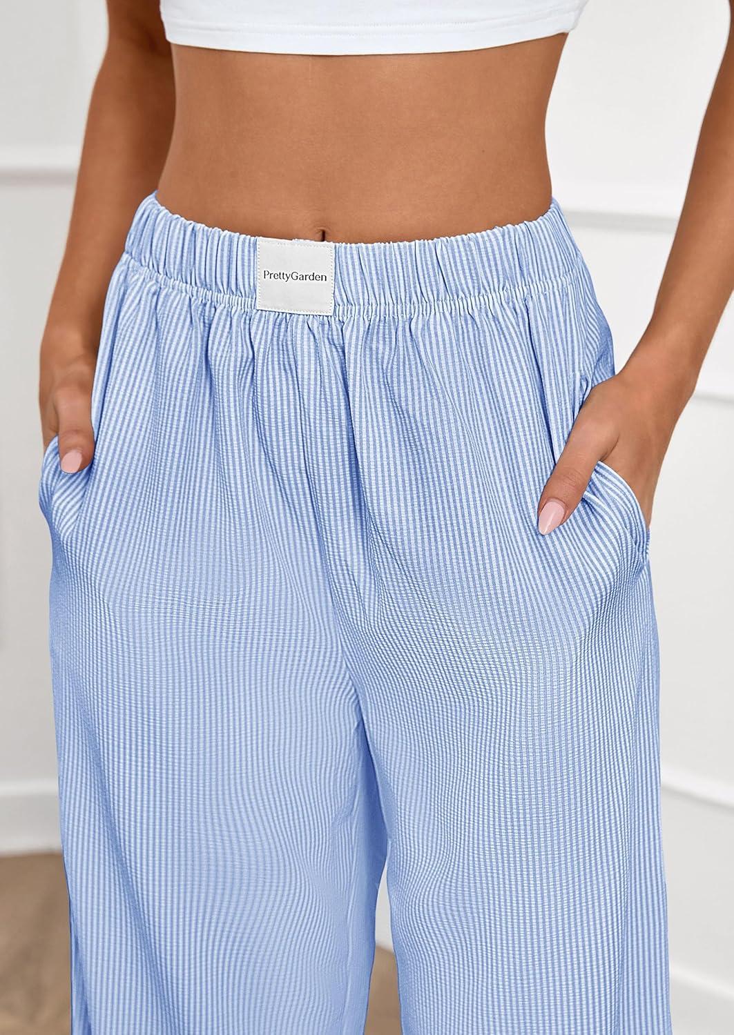 imagePRETTYGARDEN Womens Striped Pajama Pants 2025 Fall Fashion Clothing Lounge Sleep Pj Bottoms Comfy Casual Wide Leg TrousersBlue