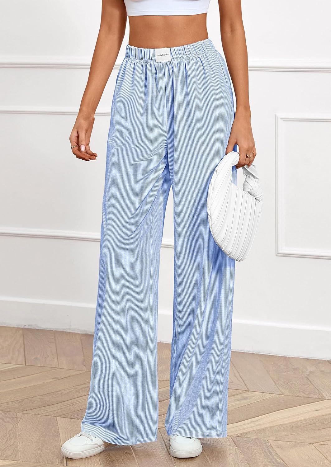 imagePRETTYGARDEN Womens Striped Pajama Pants 2025 Fall Fashion Clothing Lounge Sleep Pj Bottoms Comfy Casual Wide Leg TrousersBlue