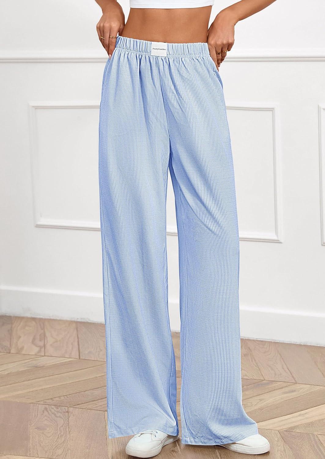 imagePRETTYGARDEN Womens Striped Pajama Pants 2025 Fall Fashion Clothing Lounge Sleep Pj Bottoms Comfy Casual Wide Leg TrousersBlue