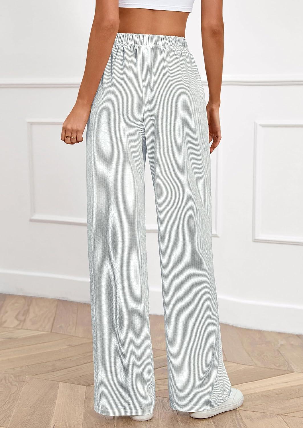imagePRETTYGARDEN Womens Striped Pajama Pants 2025 Fall Fashion Clothing Lounge Sleep Pj Bottoms Comfy Casual Wide Leg TrousersGrey Blue