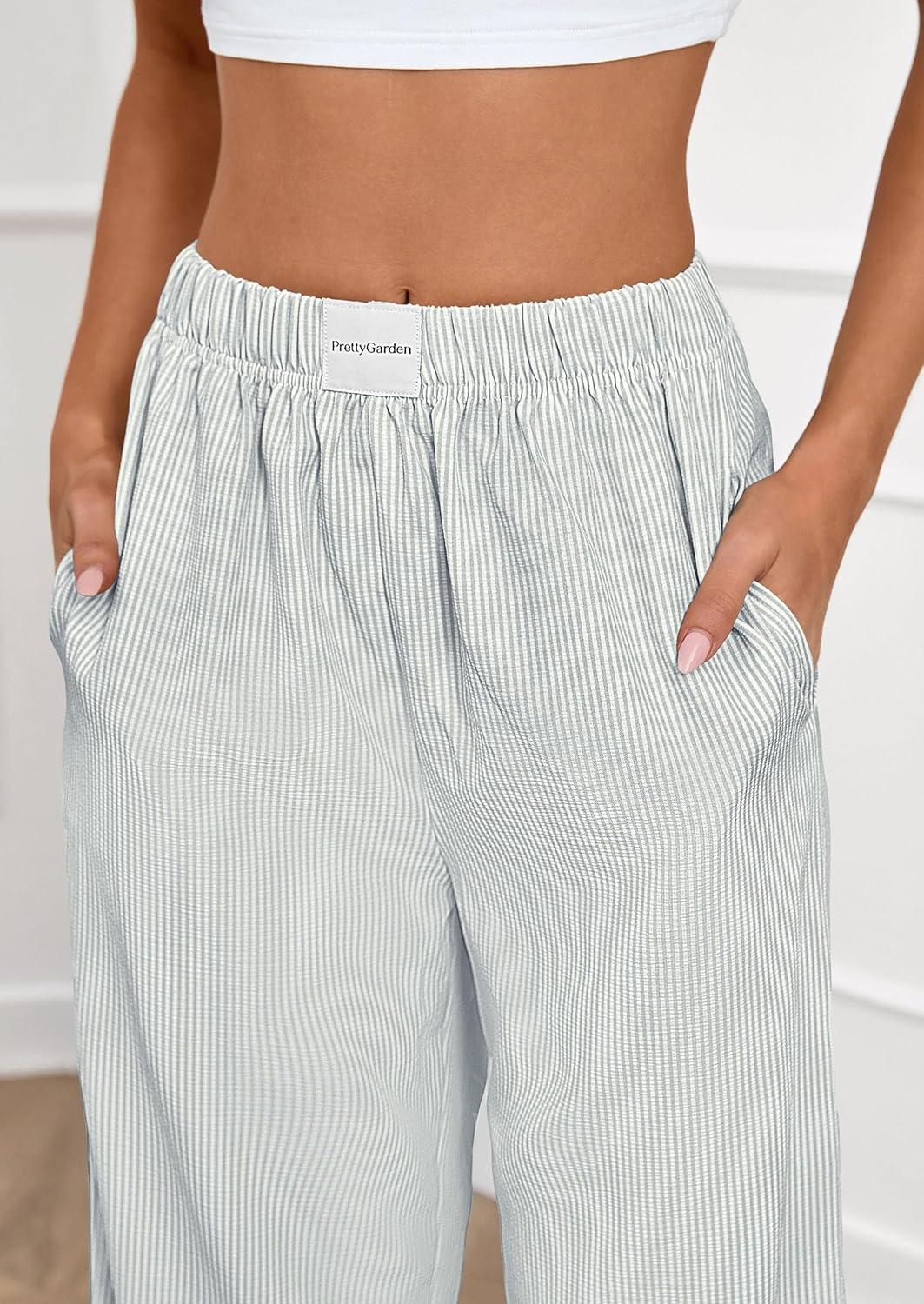 imagePRETTYGARDEN Womens Striped Pajama Pants 2025 Fall Fashion Clothing Lounge Sleep Pj Bottoms Comfy Casual Wide Leg TrousersGrey Blue