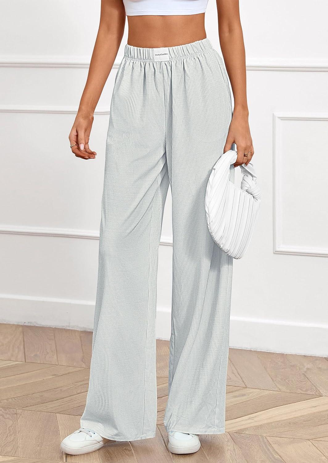 imagePRETTYGARDEN Womens Striped Pajama Pants 2025 Fall Fashion Clothing Lounge Sleep Pj Bottoms Comfy Casual Wide Leg TrousersGrey Blue