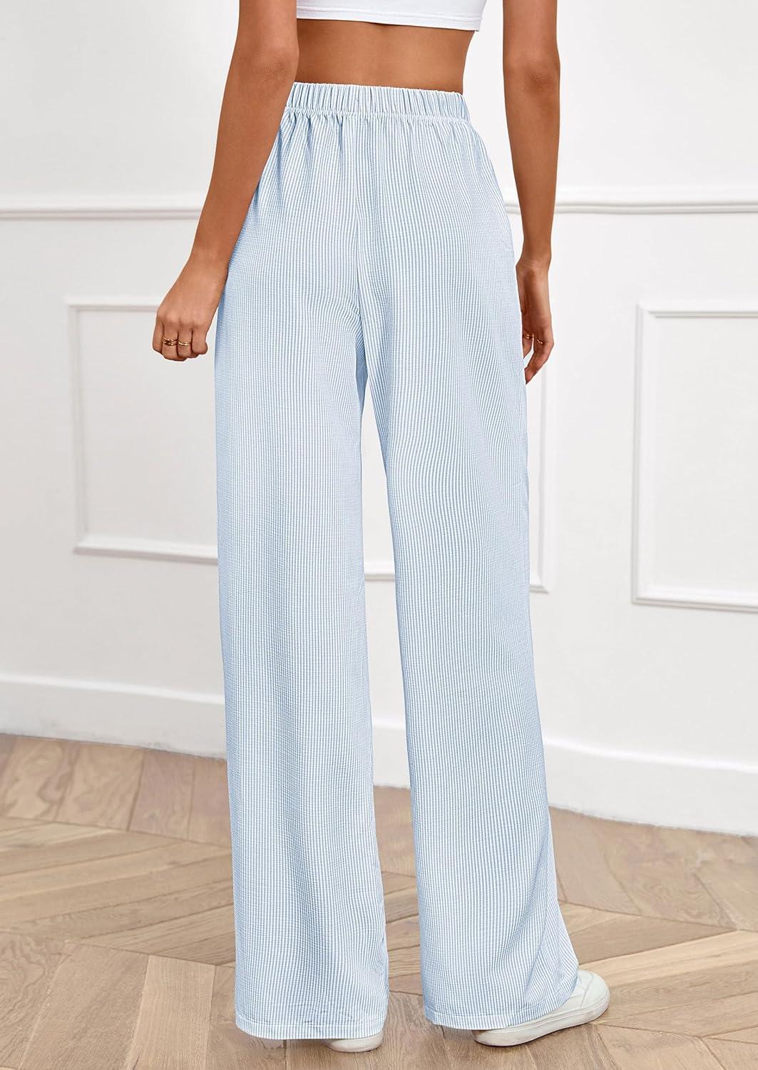 imagePRETTYGARDEN Womens Striped Pajama Pants 2025 Fall Fashion Clothing Lounge Sleep Pj Bottoms Comfy Casual Wide Leg TrousersLight Blue