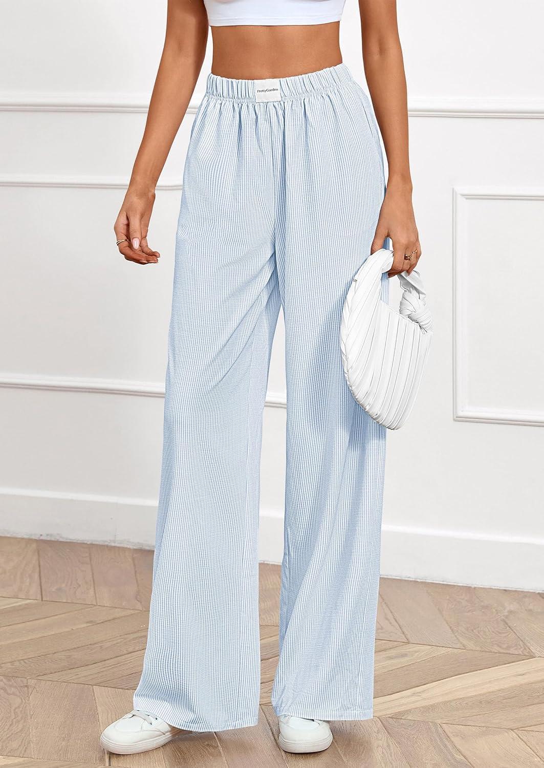 imagePRETTYGARDEN Womens Striped Pajama Pants 2025 Fall Fashion Clothing Lounge Sleep Pj Bottoms Comfy Casual Wide Leg TrousersLight Blue