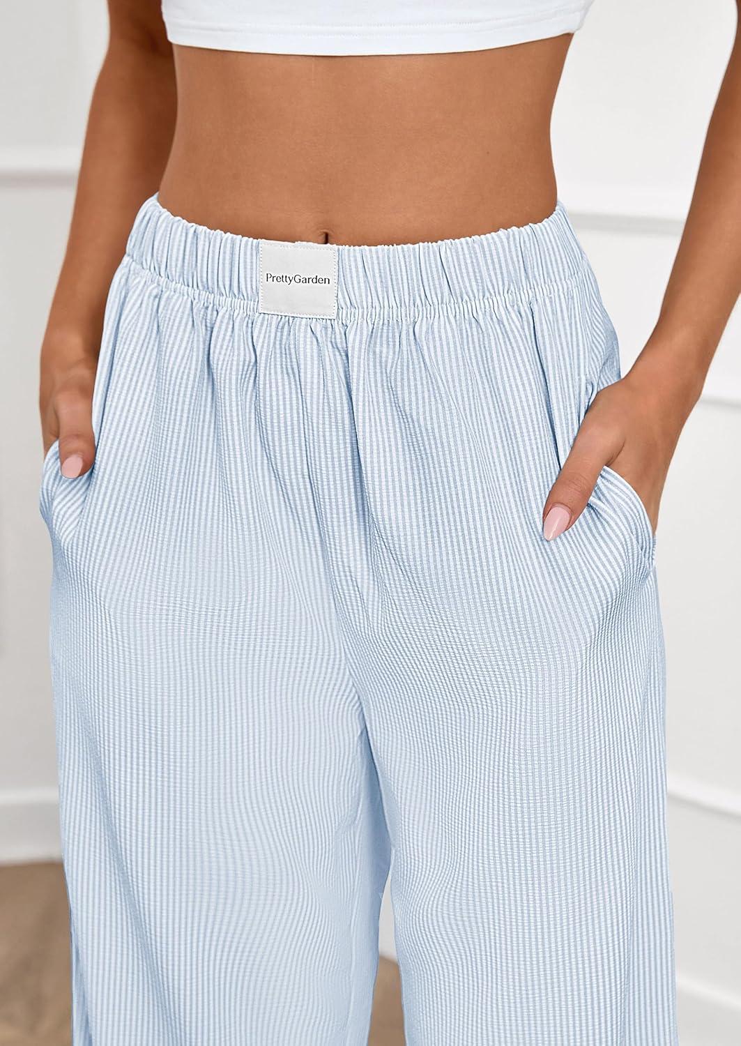 imagePRETTYGARDEN Womens Striped Pajama Pants 2025 Fall Fashion Clothing Lounge Sleep Pj Bottoms Comfy Casual Wide Leg TrousersLight Blue