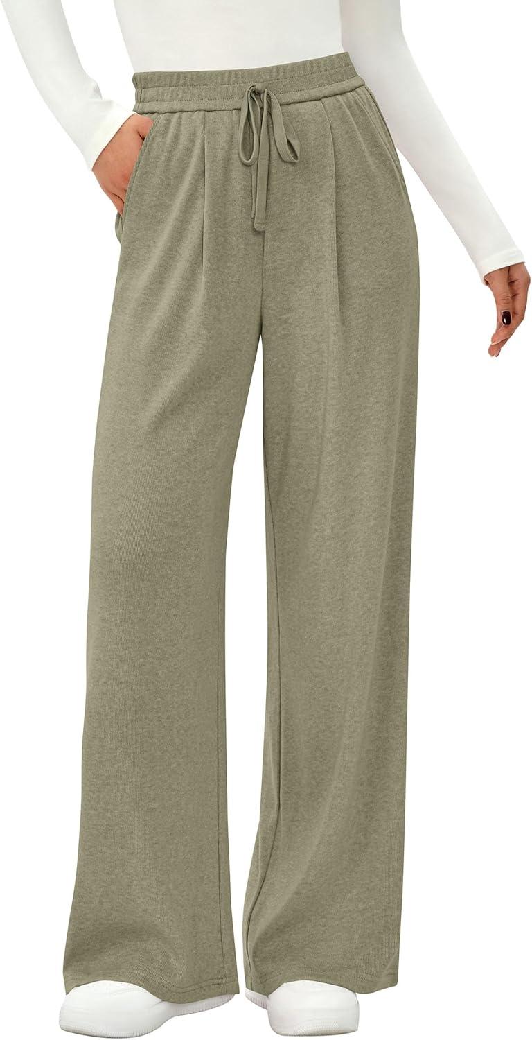 imagePRETTYGARDEN Womens Wide Leg Pants 2025 Fall Elastic High Waisted Knit Casual Lounge Palazzo Pant Trousers with PocketsGreen