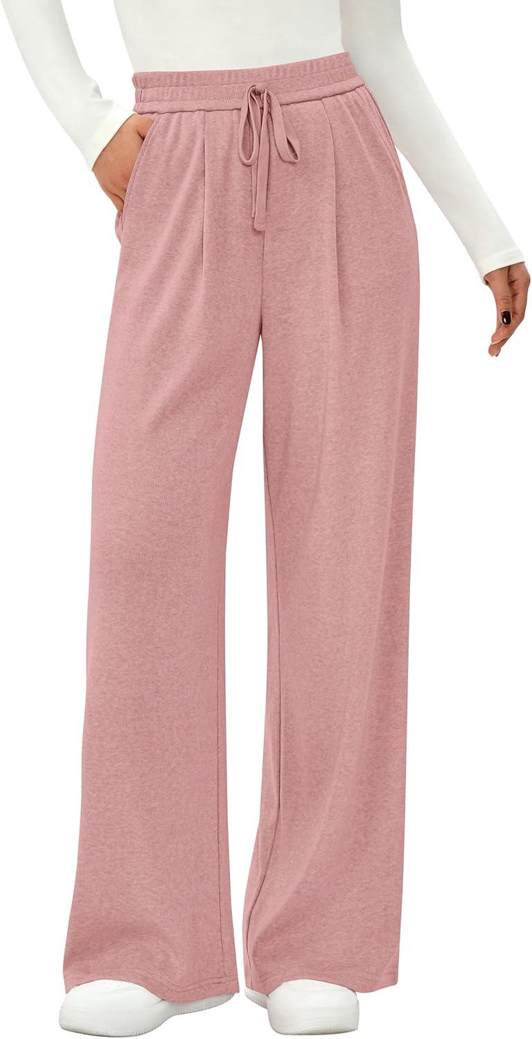 imagePRETTYGARDEN Womens Wide Leg Pants 2025 Fall Elastic High Waisted Knit Casual Lounge Palazzo Pant Trousers with PocketsPink