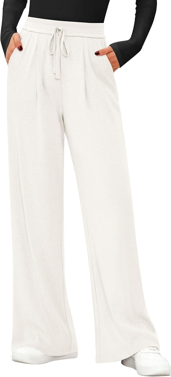 imagePRETTYGARDEN Womens Wide Leg Pants 2025 Fall Elastic High Waisted Knit Casual Lounge Palazzo Pant Trousers with PocketsWhite