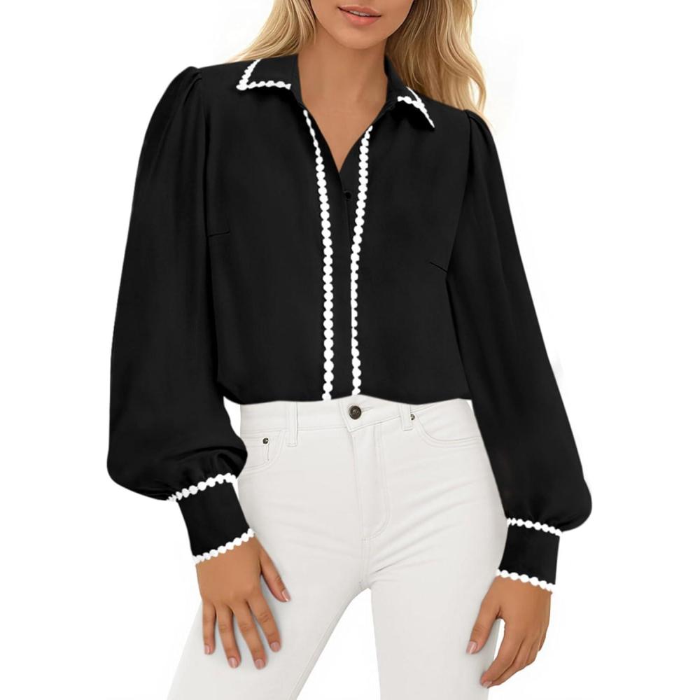 imagePRETTYGARDEN Womens Long Sleeve Button Down Shirts 2025 Trendy V Neck Loose Fit Fall Tops Collared Dressy Casual BlousesBlack