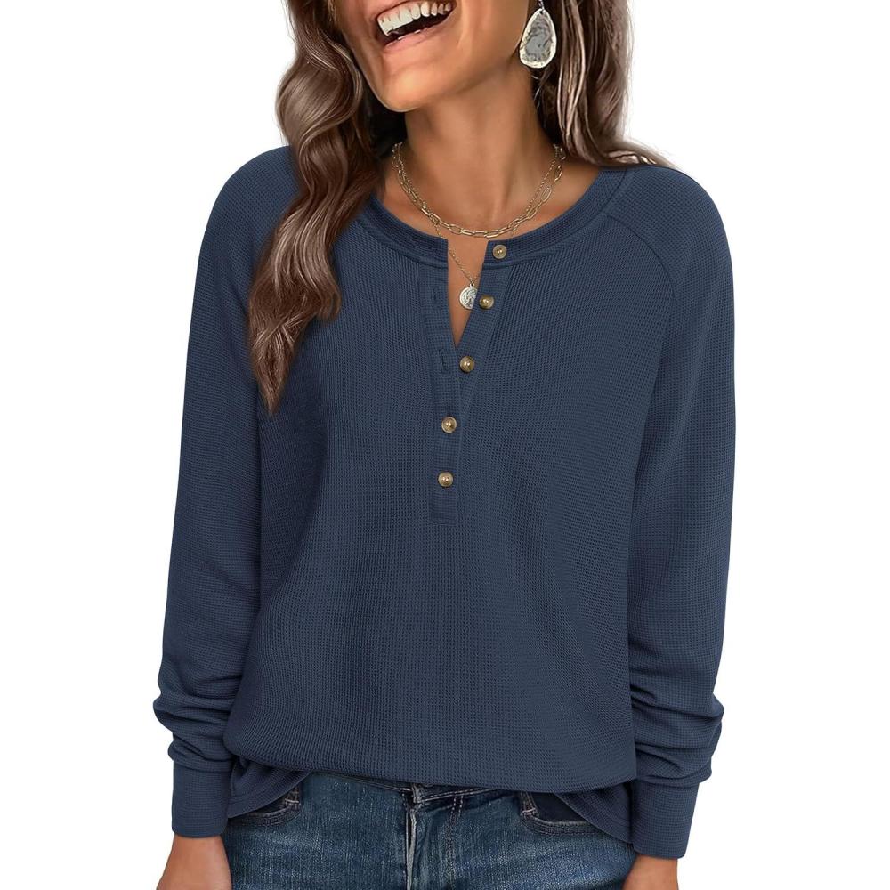 imagePRETTYGARDEN Womens Long Sleeve Waffle Knit Shirts 2025 Fall Casual Button Up Henley V Neck Tunic Tops Loose Fit Basic TeesNavy Blue