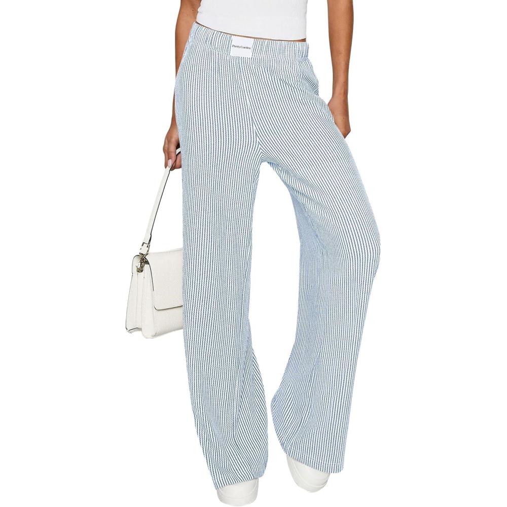 imagePRETTYGARDEN Womens Striped Pajama Pants 2025 Fall Fashion Clothing Lounge Sleep Pj Bottoms Comfy Casual Wide Leg TrousersLight Blue
