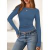 imagePRETTYGARDEN Long Sleeve Shirts for Women 2025 Fall Boat Neck Ribbed Knit Ruched Fitted Going Out Tops Casual Basic TeesDusty Blue