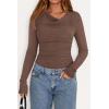 imagePRETTYGARDEN Womens Long Sleeve Cowl Neck Ribbed Knit Fall Shirts Slim Fit Ruched Going Out Crop Tops Basic TShirtsBrown