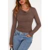 imagePRETTYGARDEN Womens Long Sleeve Cowl Neck Ribbed Knit Fall Shirts Slim Fit Ruched Going Out Crop Tops Basic TShirtsBrown