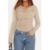 imagePRETTYGARDEN Womens Long Sleeve Cowl Neck Ribbed Knit Fall Shirts Slim Fit Ruched Going Out Crop Tops Basic TShirtsKhaki