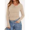 imagePRETTYGARDEN Womens Long Sleeve Cowl Neck Ribbed Knit Fall Shirts Slim Fit Ruched Going Out Crop Tops Basic TShirtsKhaki