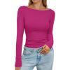 imagePRETTYGARDEN Long Sleeve Shirts for Women 2025 Fall Boat Neck Ribbed Knit Ruched Fitted Going Out Tops Casual Basic TeesHot Pink